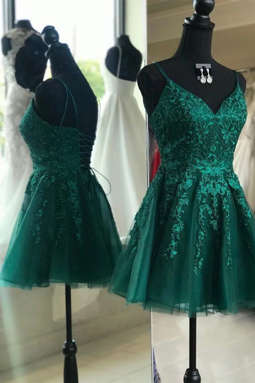 short lace emerald green homecoming dress HZ1023